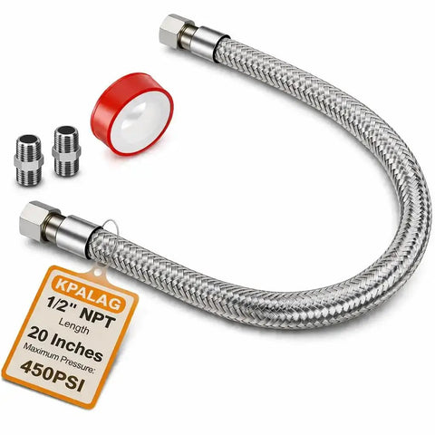 1/2 Inch NPT Male 20 Inch Compressor Jumper Hose With Dual Swivel Fittings, Industrial Grade Stainless Steel, 450 PSI Rating