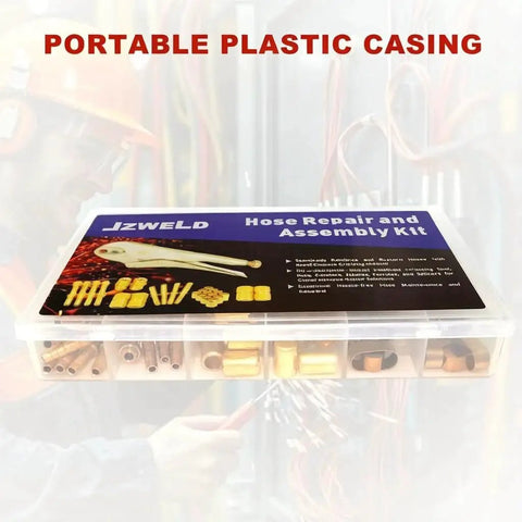 Oxygen and Acetylene Torch Hose Repair Kit 1/4 Inch ID Crimper B Size Fittings in portable plastic case