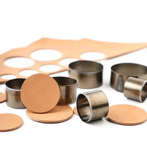 Round Leather Cutting Circle Cutter Tool Set with high carbon steel blades for belt hole sizing and leather accessories.