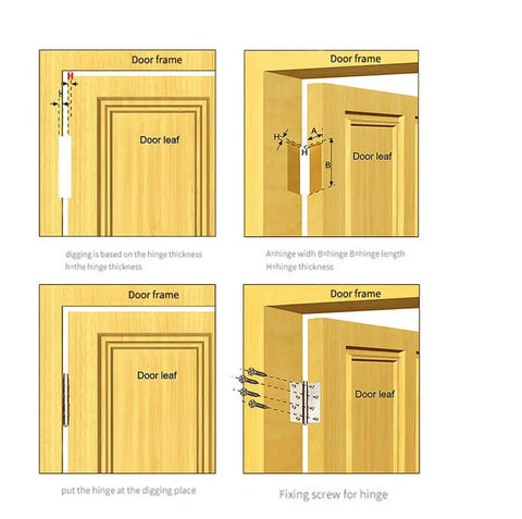 Diagram showing installation of Heavy Duty 6 Inch Ball Bearing Door Hinges For Wood Doors With Mounting Hardware, 6 X 4 Inch