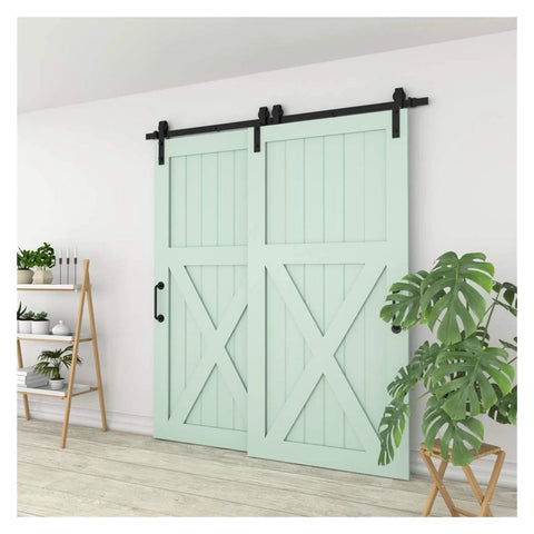 Bypass Barn Door Sliding Track Kit For Double Doors 4 To 16 Feet J Shaped Hanging Rails System Matte Black Steel Hardware