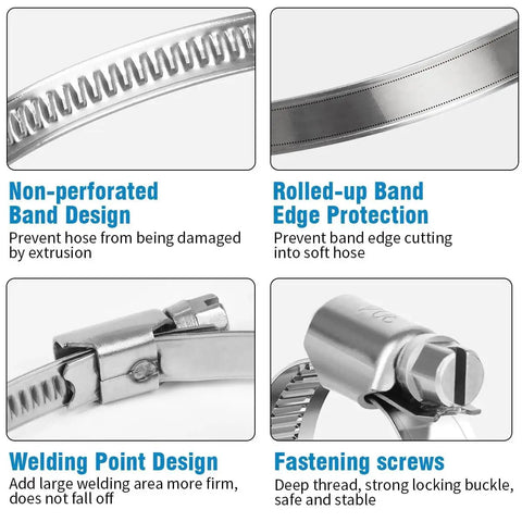 Heavy Duty Stainless Steel Hose Clamp Set 10 Pack Adjustable From One And A Half To Two And A Half Inches features and design details