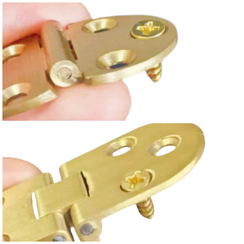 Two Pack Solid Brass Door Hinges With Concealed Flip Design For Tabletop And Furniture Includes Screws Durable Rust Resistant 80mm Long Heavy Duty Construction Smooth Edges Resistant To Scratches, close-up of hinge detail with screws