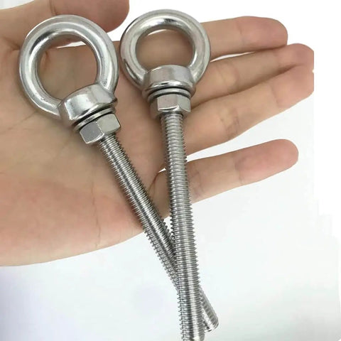 Heavy Duty Stainless Steel Eye Bolts 2 Pack M8 Shoulder Eyebolt Set With Washers And Nuts, 4.5 Inch Overall Length, close-up view.