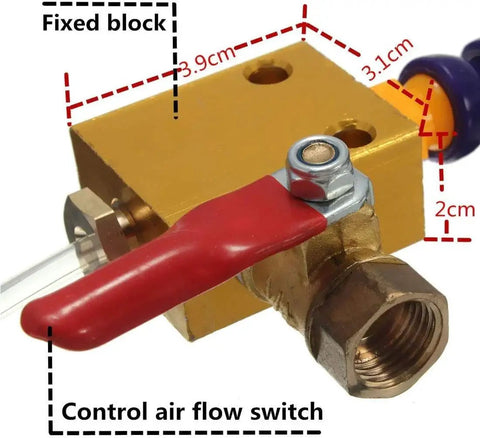 Close-up image of brass component from Mist Coolant System For Metal Cutting And Engraving, Pro Grade Cooling Sprayer With Air Pipe For CNC Lathe Milling Drill Machines, Extends Tool Life, Improves Cutting Precision, And Cuts Liquid Waste Up To 80 Percent, showing control air flow switch and fixed block dimensions.
