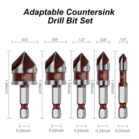 Countersink Drill Bit Set 82 Degree HSS With One Quarter Inch Hex Shank Five Piece Kit For Wood Metal And Plastic display