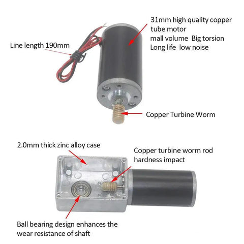 DC 12V Gear Motor With 50 RPM Output, High Torque Reduction Electric Motor, showing copper turbine worm and zinc alloy case.