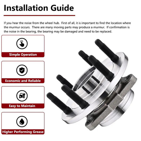 Front Wheel Hub Bearing Assembly For 4WD 6 Lug 515096 Compatible With Chevy Tahoe Silverado 1500 Avalanche Suburban Cadillac Escalade GMC Yukon Sierra With ABS And 2007 Through 2014 Models, showing installation guide and product features.