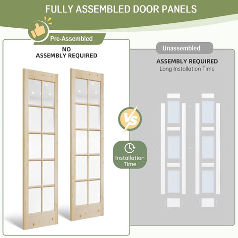 Preassembled Solid Spruce Wood Double Sliding Closet Doors Set With Bypass Hardware Track Kit 60 Inch By 80 Inch Two 31 Inch Tempered Clear Glass Panels Barn Door Slab For Interior Pantry Kitchen Built To Last Rustic Style shown assembled with panels