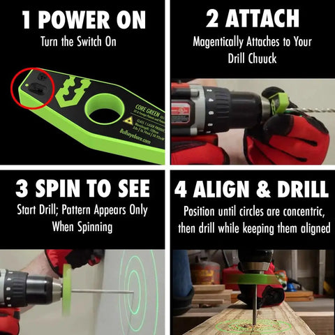 Magnetic Drill Guide With Green Laser Alignment And Three Bright Patterns For Perpendicular Drilling in action steps