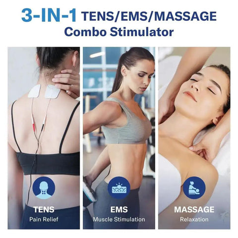 3-in-1 TENS/EMS/Massage stimulator collage: back electrode pads, waist EMS use, and relaxing massage scene