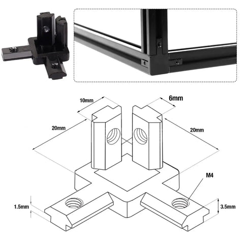 Diagram and installed view of 20Pcs 2020 Aluminum Extrusion Connectors 3 Way Corner Brackets L Slot T Slot Interior Joint Set 6mm With Screws And Wrench Black Easy Install DIY Friendly Heavy Duty Aluminum Profile Connectors