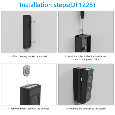 Installation steps for Adjustable Angle Mount For E340 Video Doorbell, showing bracket mounting and doorbell attachment.