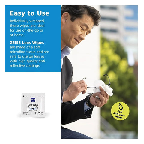 Man using Zeiss Lens Wipes 120 Pack Pre Moistened For Camera And Optics Cleaning on glasses outdoors with packaged wipe visible