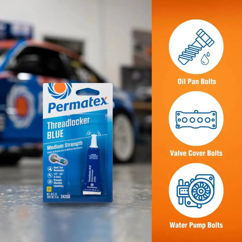 Medium Strength Blue Thread Locker For Automotive Bolts And Nuts That Keeps Bolts From Coming Loose Under Vibration Seals And Protects Threads From Corrosion 6 Ml Tube Removable With Hand Tools For One Quarter Inch To Three Quarter Inch Fasteners Permatex in packaging with illustrations of its uses.