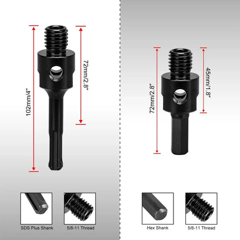 SDS Plus and Hex Shank Adapters for Diamond Core Drill Bits by SALI, compatible with 5/8-11 Thread, shown with dimensions.