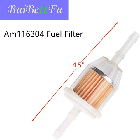 Side view of AM116304 fuel filter for lawn mowers, measuring 4.5 inches, with transparent casing and visible filter element.