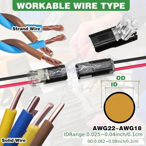 Close-up of 50/100/150 Pack Quick Clip Fasteners No Drill Snap On Connectors illustrating wire compatibility for AWG22 to AWG18.