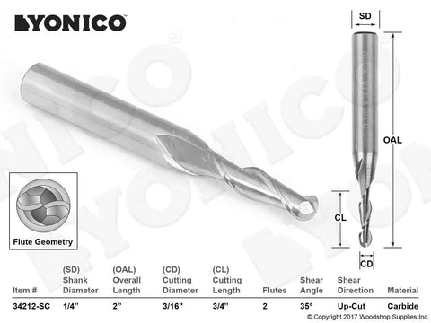 Ball Nose End Mill for CNC Routers, 2 Flute Spiral Cutter, Diameter Three Sixteenth Inch, Shank One Quarter Inch, Overall Length Two Inches, Cutting Length Three Quarter Inch, Tungsten Carbide, Pro Grade Bit for Smooth 3D Milling From YONICO