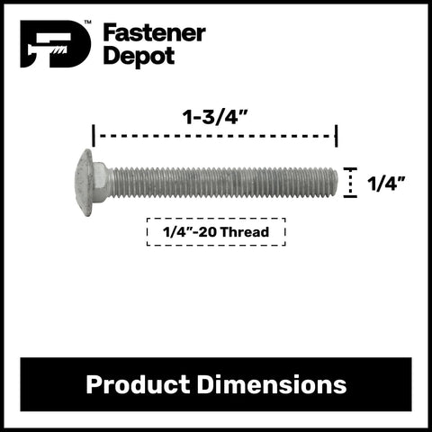 1/4-20 Inch Galvanized Carriage Bolt Kit For Exterior Use Grade A Coarse Full Thread 1-3/4 Inch Length 100 Pack With 100 USS Flat Washers And 100 Hex Nuts Heavy Duty Outdoor Ready Hot Dipped Galvanized Meets ASTM F2329