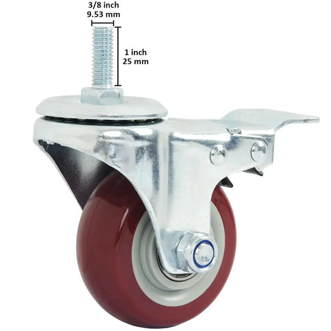 Heavy Duty Three Inch Swivel Caster Wheels Set Of Four With Three Eighths Inch Threaded Stem And Brakes polyurethane locking castor