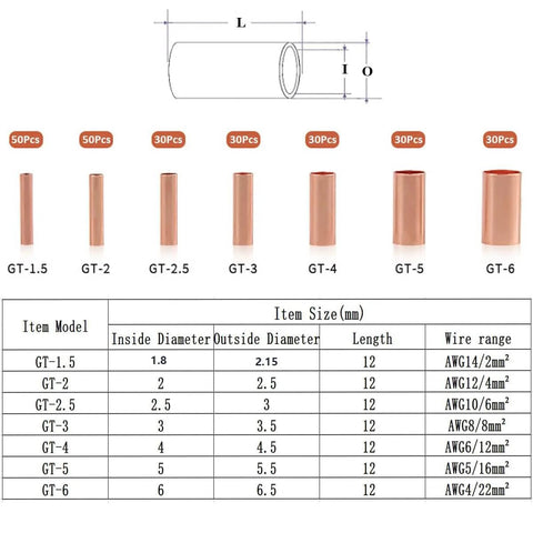 250 Piece Wire Ferrule Kit With Seven Size Copper Crimp Connectors Non Insulated Electrical Butt Terminals Assorted Set