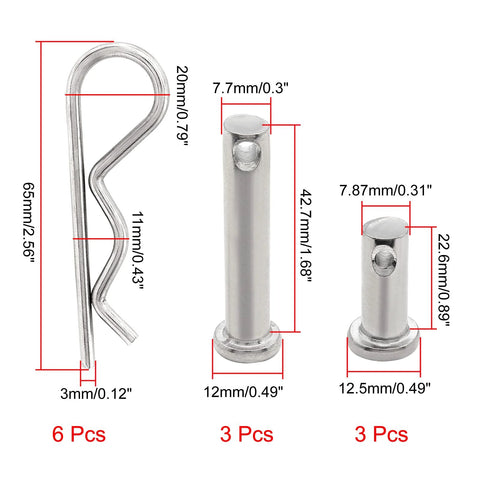 12Pcs 304 Stainless Steel M3 X 65 And M8 Clevis And Hitch Pin Assortment Kit showing detailed sizes of pins