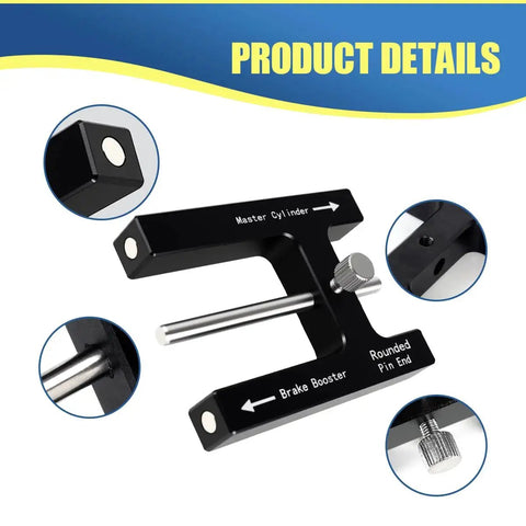 Brake booster push-rod adjustment tool in black aluminum with adjustable pins and knurled knob for master cylinder.