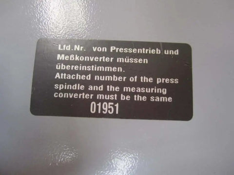 Label on Measurement Converter 3 608 870 347 (3608870347) showing matching press spindle numbers for signal conversion.