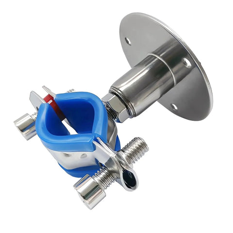 Close-up view of 2 Pack Wall and Ceiling Pipe Mount Clamps 304 Stainless Steel Rubber Cushioned and Rust Resistant Waterproof and Oil Proof Adjustable Height 30 to 60mm Fits 15 to 19mm OD Pipes Heavy Duty Pipe Supports for Home and Workshop with blue rubber cushion and stainless steel mounting plate.