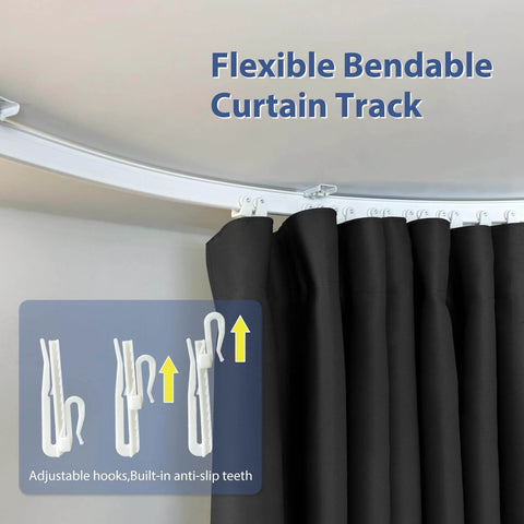 Room Divider Curtain Set With Bendable White Track And Blackout Black Drape Ceiling Mounted Privacy Screen For Bedroom Or Studio Extra Wide 1 Panel Width 8.3 Ft By Height 8 Ft, showing flexible bendable track and hooks