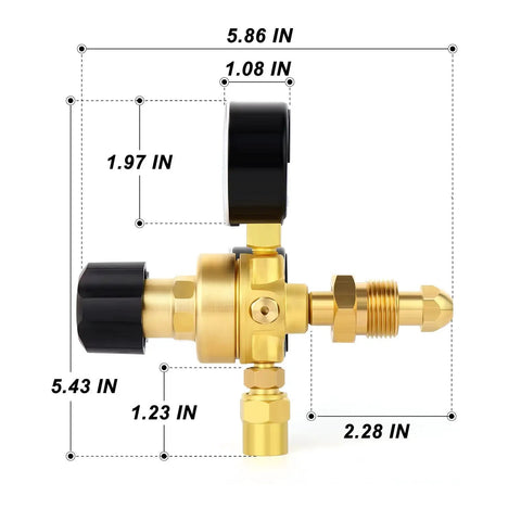 Side view of Rugged Argon CO2 Welding Regulator with 2 Inch Dual Gauges for MIG and TIG, detailed dimensions shown.