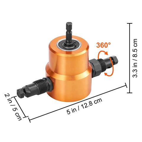 Double Head Sheet Metal Nibbler Cutter With 360 Degree Drill Attachment, dimension view, perfect for straight, curve, and circle cutting