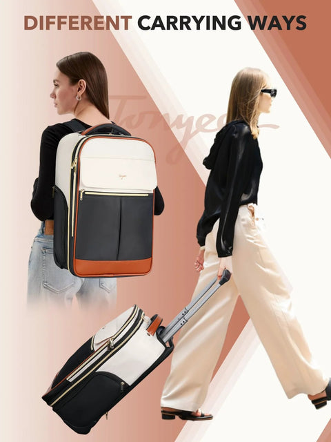 Women showing Two In One Rolling Backpack And Suitcase, convertibility from backpack to wheeled carry-on.