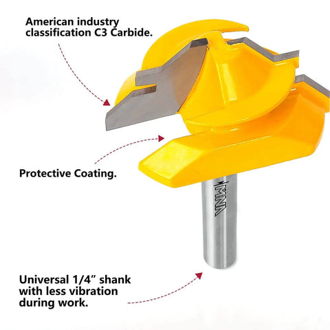 Close-up of 45 Degree Lock Miter Router Bit Set, 3-Piece, For 1/2, 5/8, 3/4 Inch Cutting Height, 1/4 Inch Shank with protective coating.