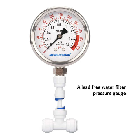 MeasureMan lead-free glycerin-filled RO pressure gauge, 2-1/2 in dial, 0-220 psi, 1/4 in lower mount, white fittings
