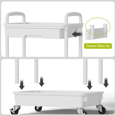 Assembly view of a white Four Tier Rolling Cart Organizer with wheels, showing detachable components and drawer slide mechanism for easy setup.