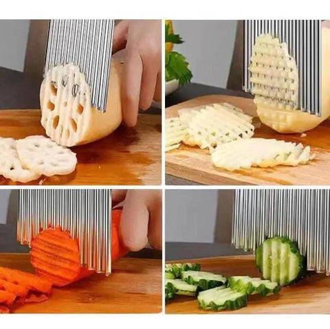 Two Pack Crinkle Fry Cutter Set For Potatoes And Veggies slicing potatoes, carrots, and cucumber on wooden cutting board.