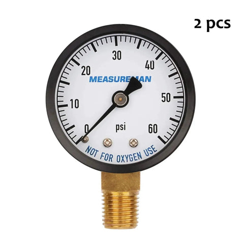 Two Pack 2 Inch Dry And Utility Pressure Gauges 0 To 60 Psi With One Quarter Inch NPT Lower Mount For Pool Spa Aquarium Water Systems Brass Wetted Parts Black Steel Case Durable And Value Packed Budget Friendly