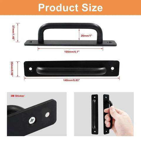 12 Pieces Aluminum Alloy Barn Door Handles 148mm 5.8 Inch Sliding Pulls For Cabinets Closets Drawers Black Finish Durable Rustproof Corrosion Resistant Hardware Ideal For Home Improvement And Interior Doors dimensions showing size and usage demonstration.