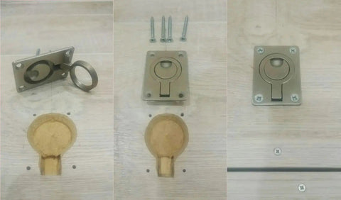 Image of Stainless Steel Flush Pull Ring Handles 304 2 Pack Hidden Recessed Furniture Pulls for cabinets and doors installed.