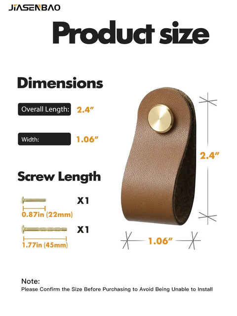 Product dimensions for brown leather drawer pulls 6 pack for kitchen cabinets, 2.4" x 1.06", with included screws sizes.