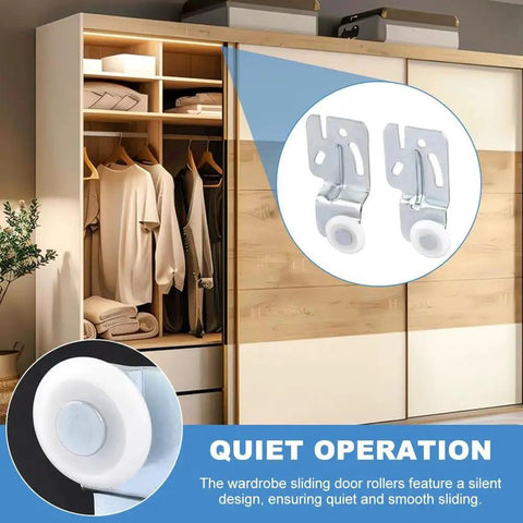 Image of a 5Pcs Closet Sliding Door Roller Hardware Kit For Wardrobe Doors With Slide Track Replacement Rollers For Top Hung Sliding Doors Compatible With Three Quarters Inch To One And Three Eighths Inch Door Thickness installed on a wooden wardrobe.