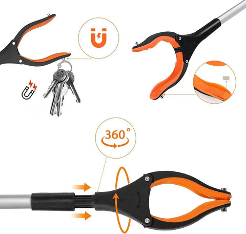 Close-up of 43 Inch Foldable Grabber Reacher Tool Two Pack With Rotating Jaw Magnets Heavy Duty Pickup Tool in action holding keys.