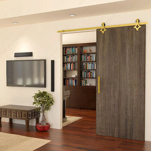 Gold Barn Door Hardware Kit With 72 Inch Adjustable Length On A 6-Foot Track, Diamond Shaped Rollers, Modern Sliding Door System
