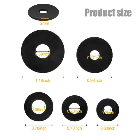 Product sizes of 50 Piece Rubber Washers Kit With Five Sizes 16mm 18mm 20mm 25mm And 30mm Black Vibration Dampening Pads For Faucets Hoses Screws And Bolts Home DIY Plumbing And Automotive Repairs displayed in various dimensions.