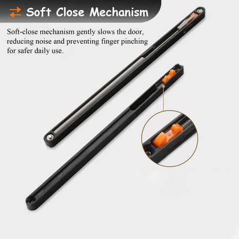 Close-up of black aluminum sliding track with soft-close mechanism for Hidden Sliding Mirror Closet Door Track Kit For Narrow Openings.