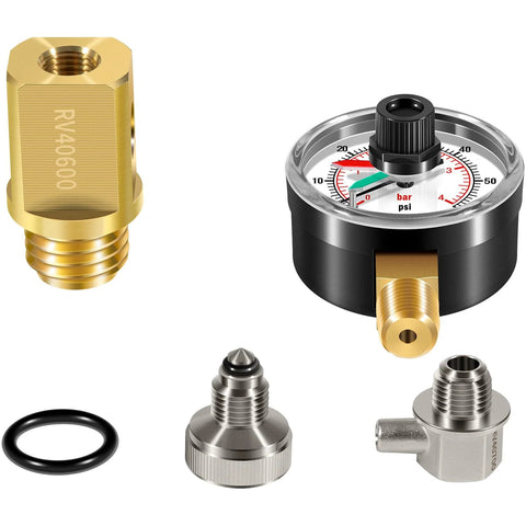 Five-piece brass air relief valve kit with pressure gauge for pool filters; includes fittings and O-ring