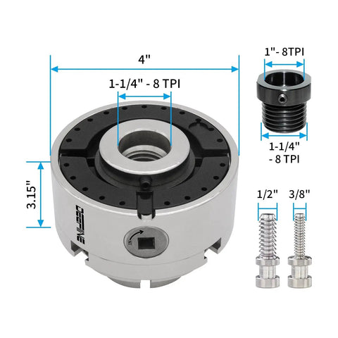 4 Inch Wood Lathe Chuck Set With One And One Quarter Inch By Eight TPI And One Inch By Eight TPI Thread Adapters Nickel Plated Self Centering 4 Jaw Chuck With Five Jaws For Wood Turning with dimensions
