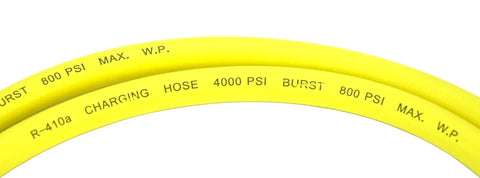 Refrigeration charging hose, yellow, 60 in long, 800 PSI working pressure